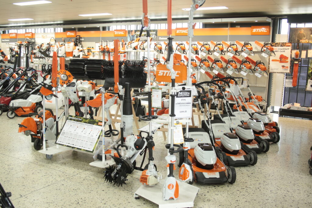 Display of STIHL products in Mower Supastore showroom. 